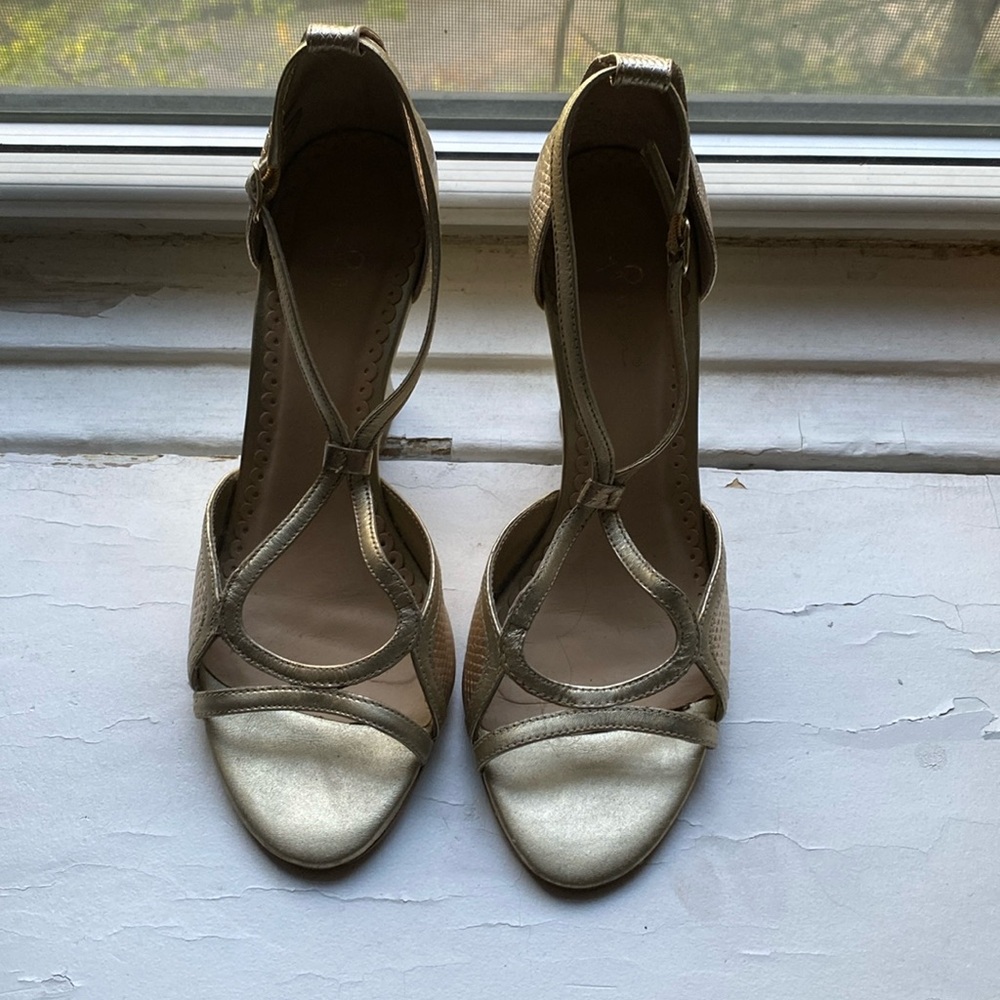 Lilly Pulitzer Janie Wedge Gold Metallic Snake Leather Open Toe Sandals SZ 9.5